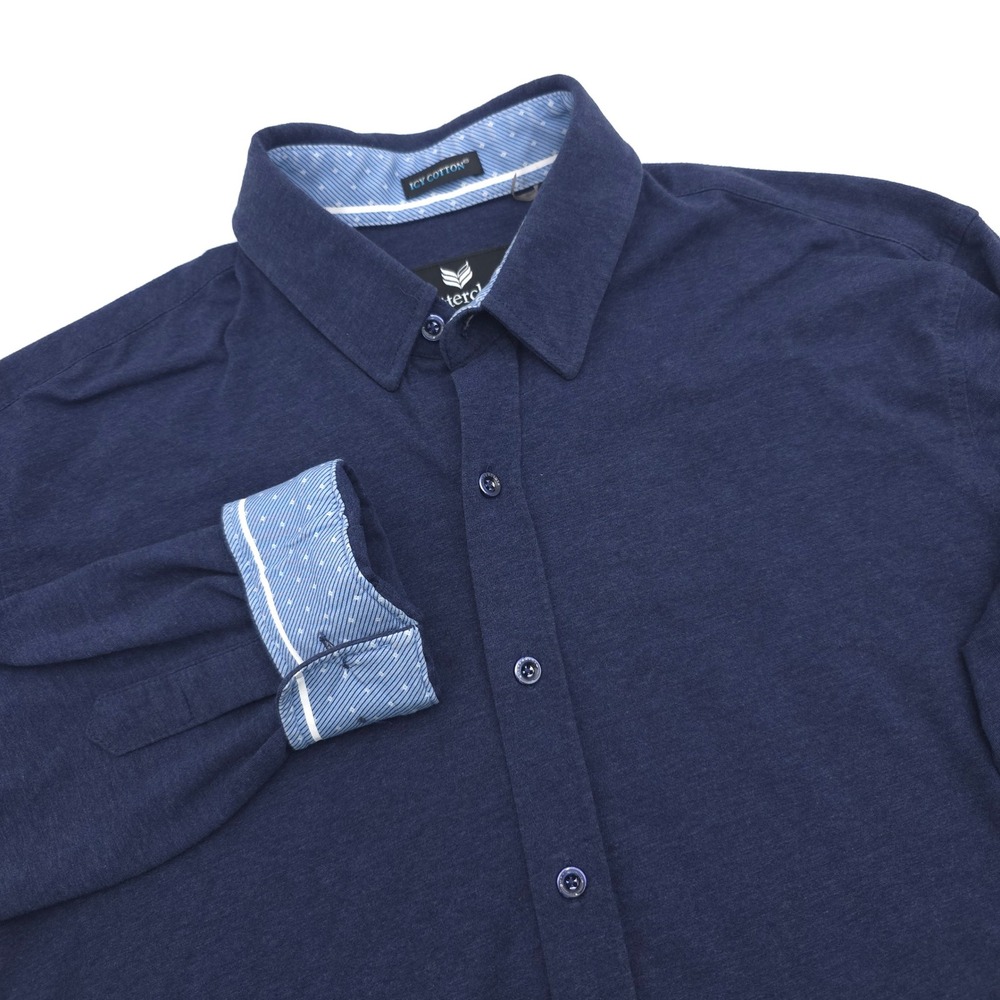 Buttercloth Icy Cotton Mens Medium Regular Fit Navy Blue Knit Button Down Shirt